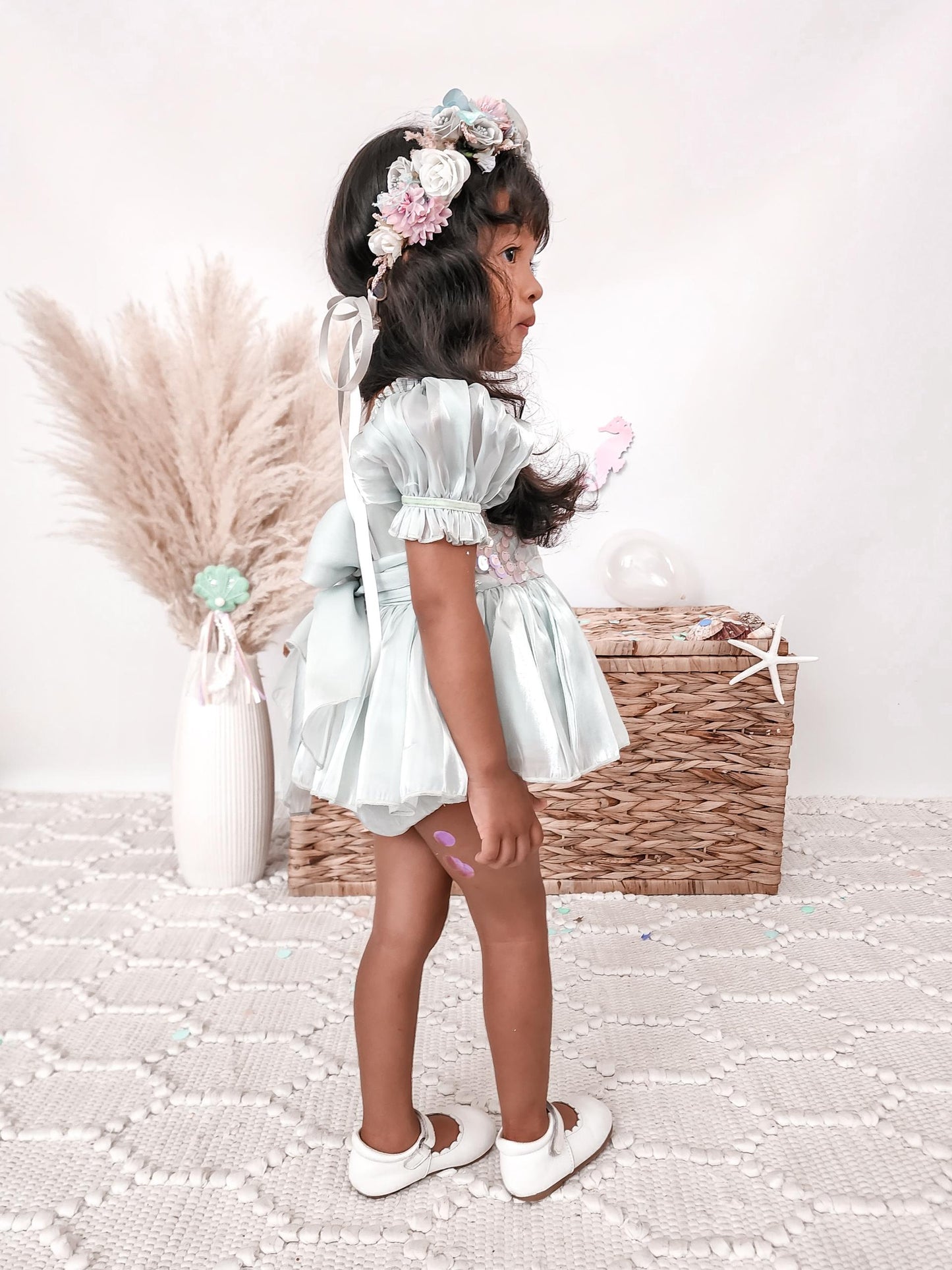 Mermaid Sequin Green Organza Baby Girl Party Romper