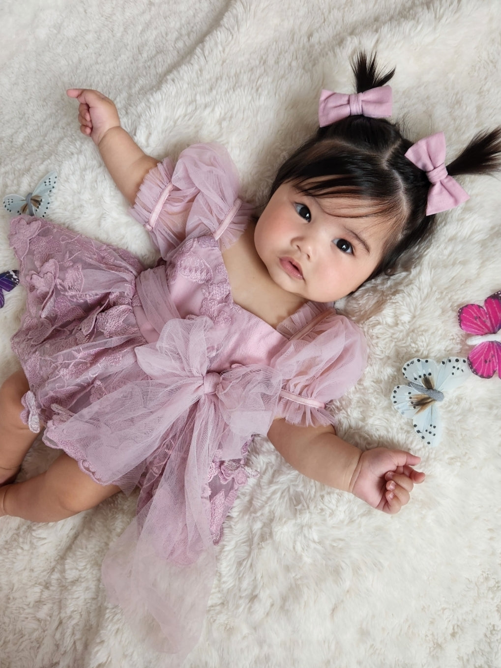 Butterfly Kisses Dusty Rose Pink Embroidered Baby Girl Party Romper