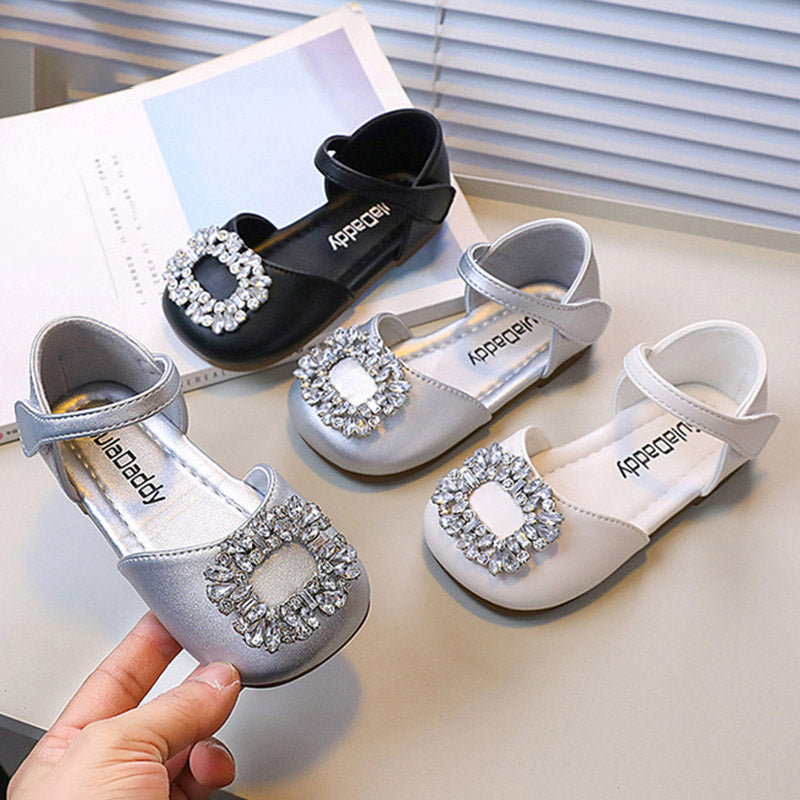Baby Girls  Square Toe Crystal Leather Shoes