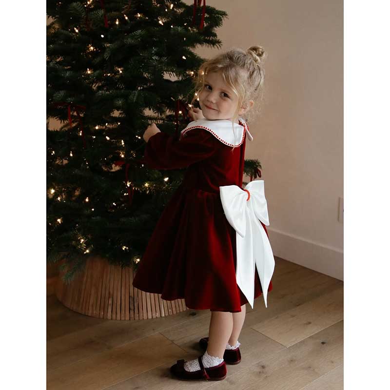 Girl Christmas Dress Baby Girls Birthday Dresses Toddler Wine Red Bow Formal Princess Dress