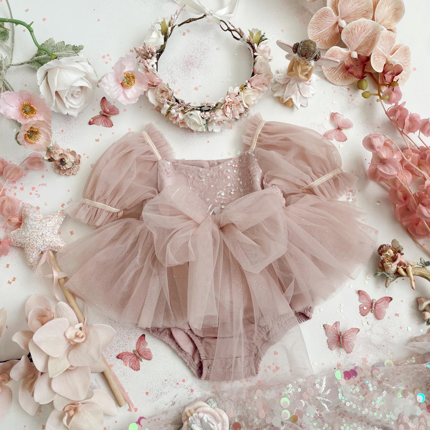 Jewel Sequin Dusty Pink Sparkle Baby Girl Tulle Party Romper