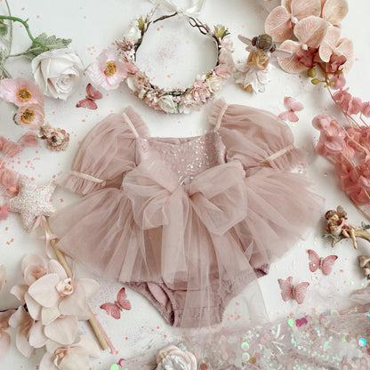 Jewel Sequin Dusty Pink Sparkle Baby Girl Tulle Party Romper
