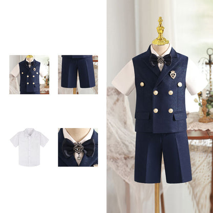 Boys Bow Tie Vest Double Breasted Waist Suit Set