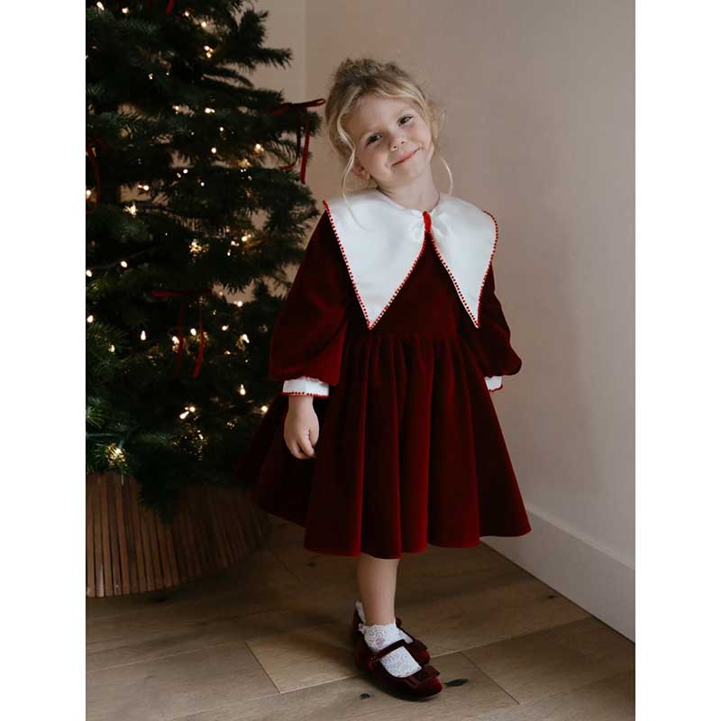 Girl Christmas Dress Baby Girls Birthday Dresses Toddler Wine Red Bow Formal Princess Dress