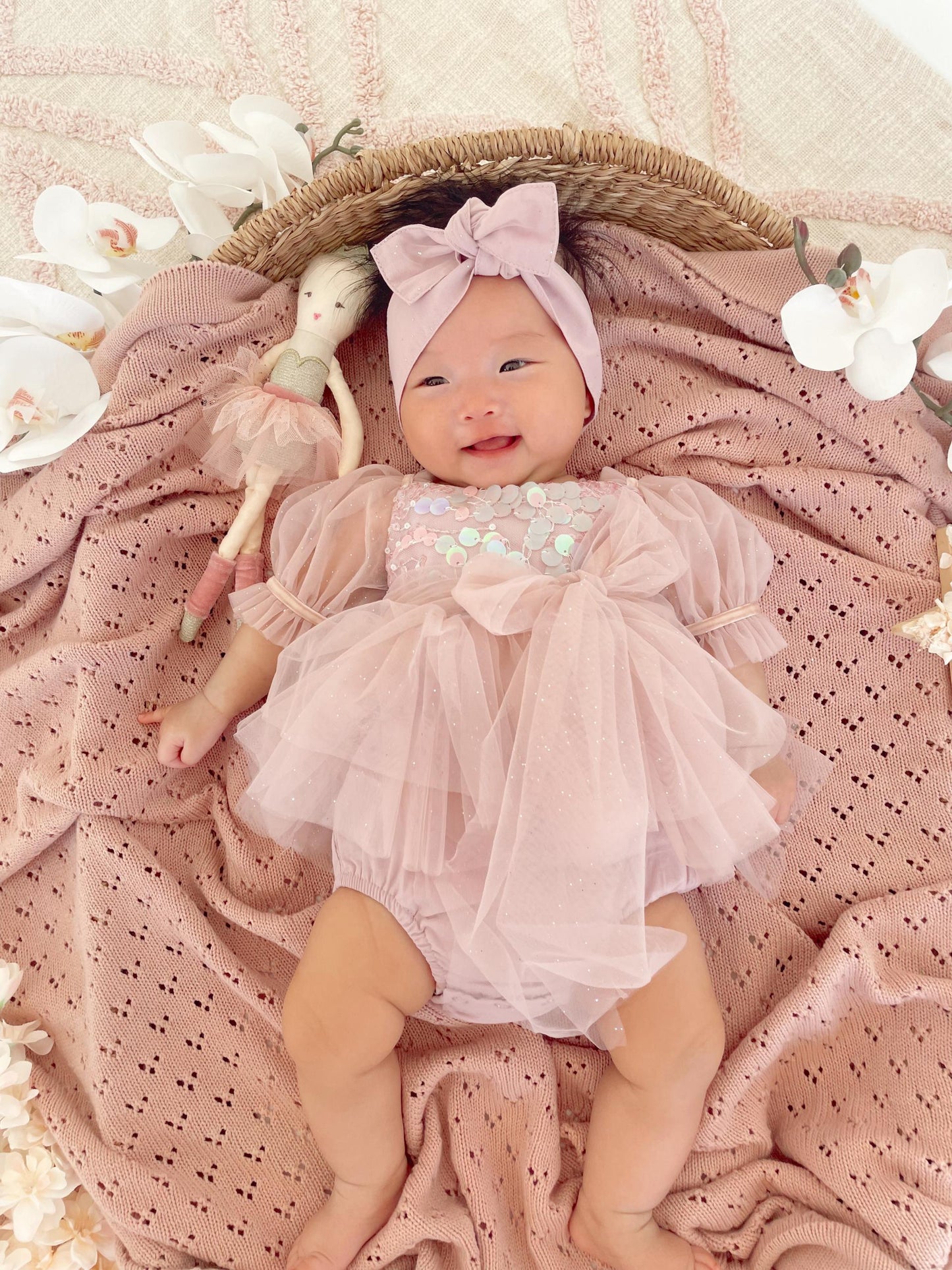 Jewel Sequin Dusty Pink Sparkle Baby Girl Tulle Party Romper