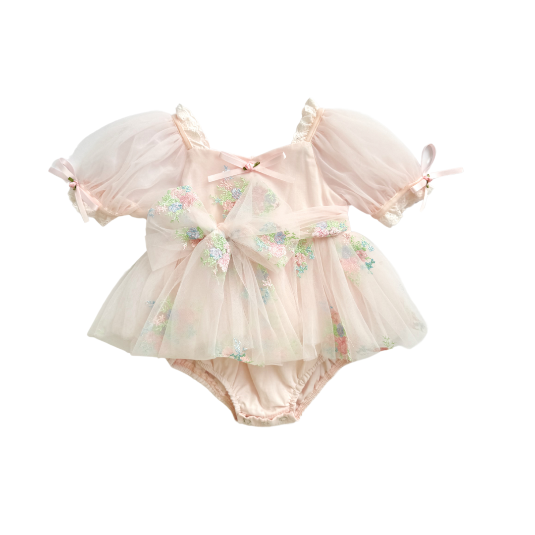 Peony Bloom Petal Pink Embroidered Baby Girl Tulle Party Romper