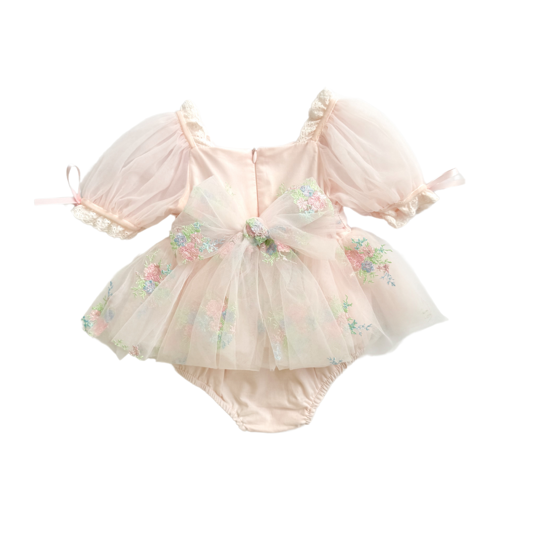 Peony Bloom Petal Pink Embroidered Baby Girl Tulle Party Romper