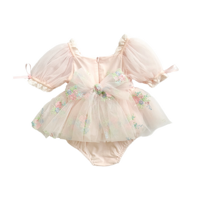 Peony Bloom Petal Pink Embroidered Baby Girl Tulle Party Romper