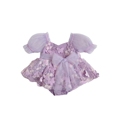 Butterfly Kisses Lilac Pink Rose Embroidered Baby Girl Tulle Party Romper
