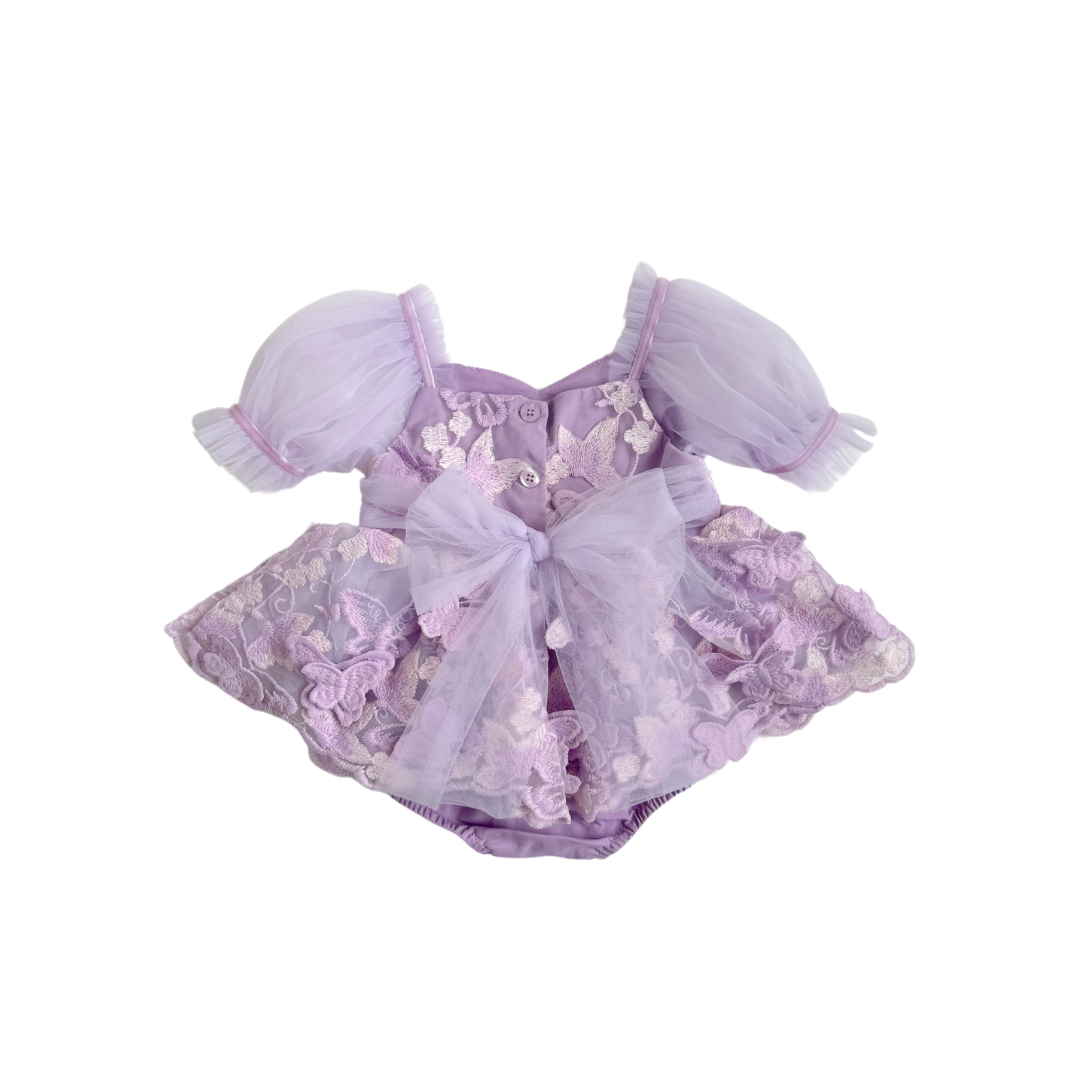 Butterfly Kisses Lilac Pink Rose Embroidered Baby Girl Tulle Party Romper