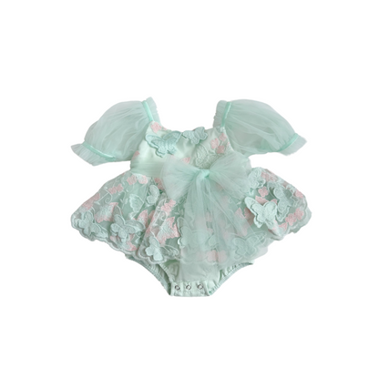 Butterfly Kisses Peppermint Pink Embroidered Baby Girl Tulle Party Romper