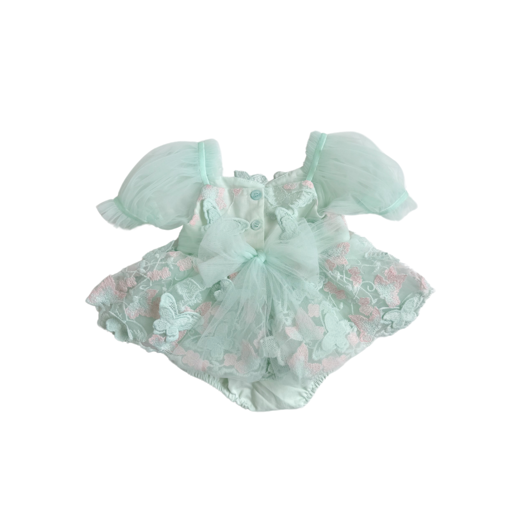 Butterfly Kisses Peppermint Pink Embroidered Baby Girl Tulle Party Romper