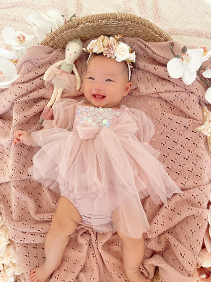 Jewel Sequin Dusty Pink Sparkle Baby Girl Tulle Party Romper