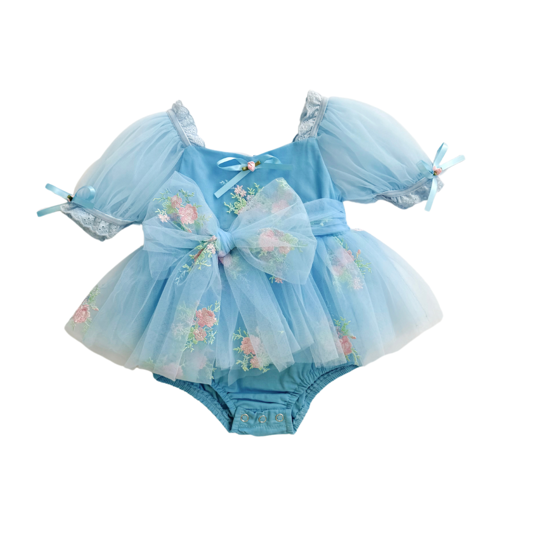 Afina Blue Embroidered Baby Girl Tulle Party Romper