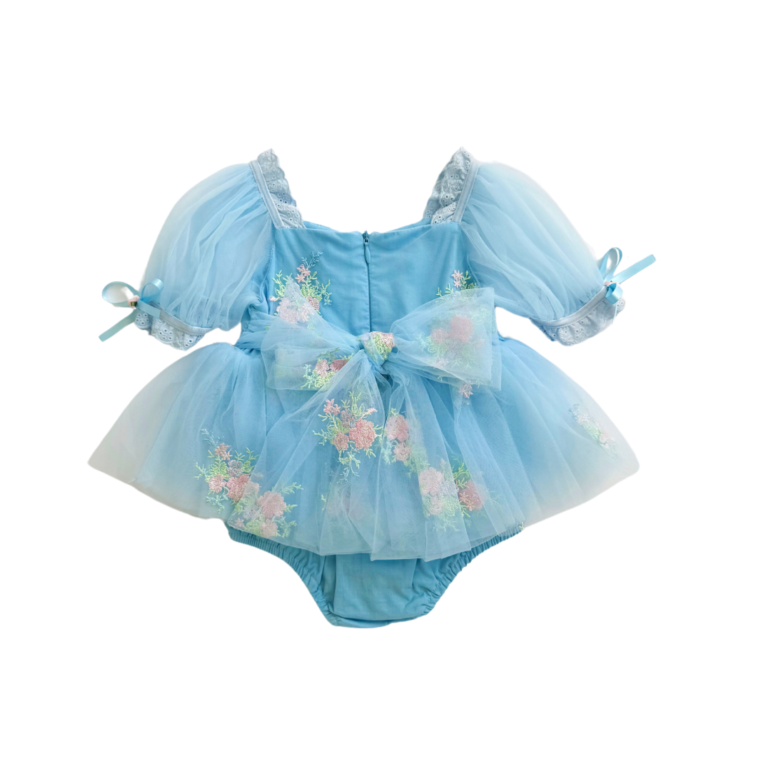 Afina Blue Embroidered Baby Girl Tulle Party Romper