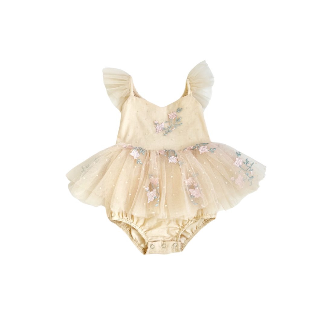 The Rose Champagne Embroidered Baby Girl Tulle Party Romper