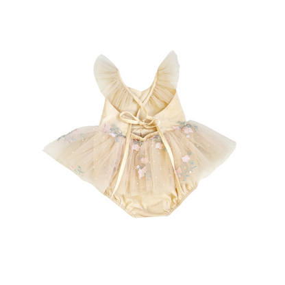 The Rose Champagne Embroidered Baby Girl Tulle Party Romper