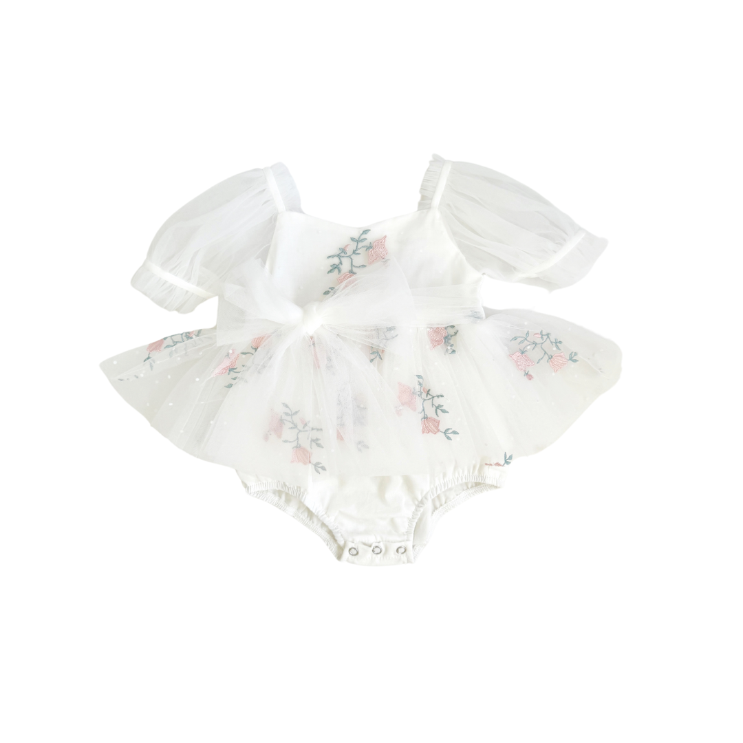 Swan Lake White Embroidered Baby Girl Tulle Party Romper