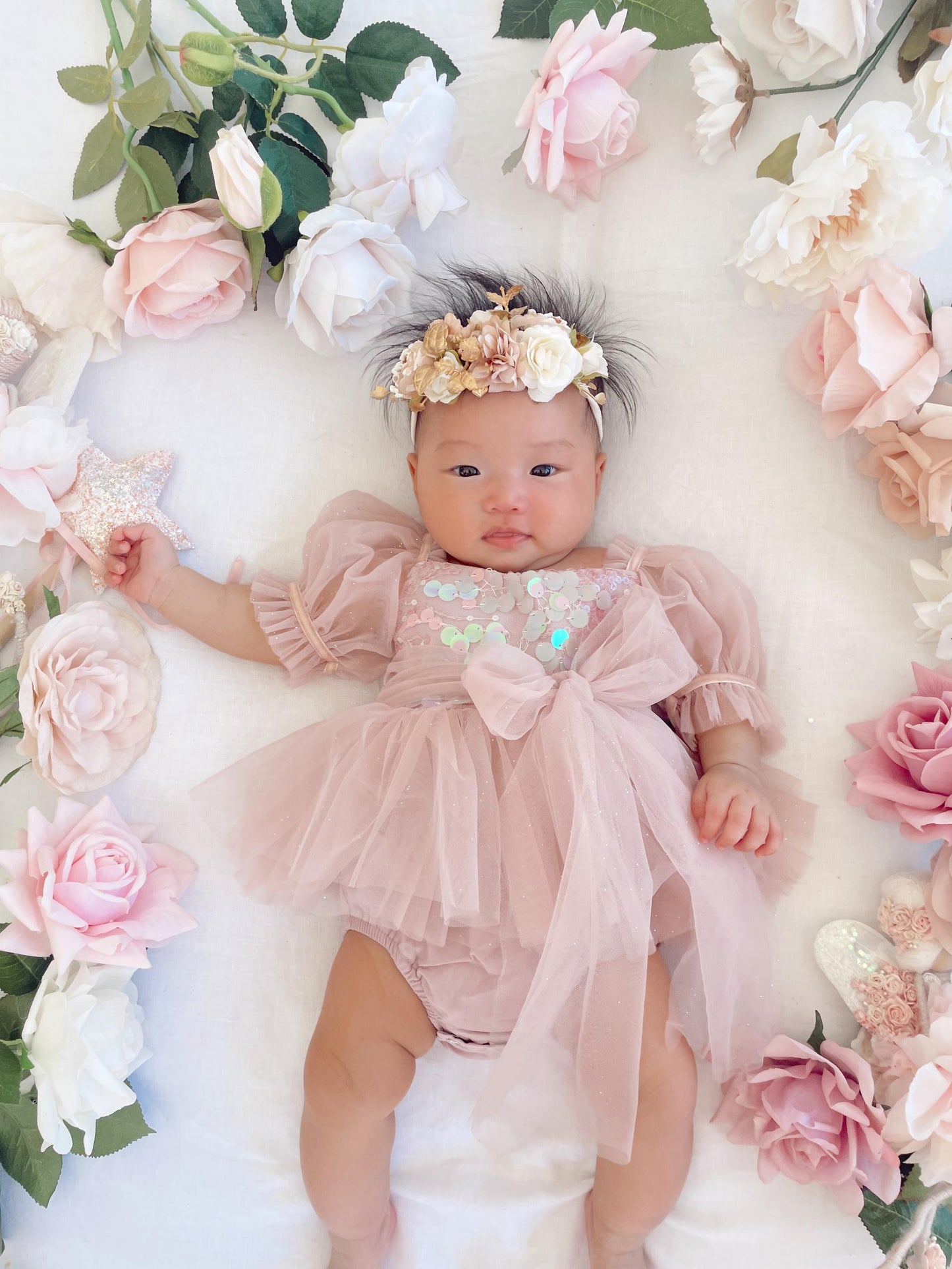 Jewel Sequin Dusty Pink Sparkle Baby Girl Tulle Party Romper
