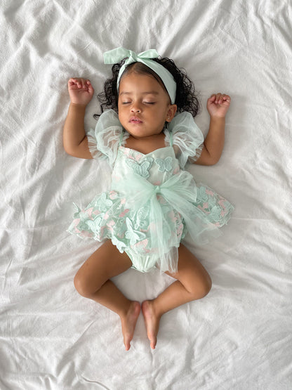 Butterfly Kisses Peppermint Pink Embroidered Baby Girl Tulle Party Romper