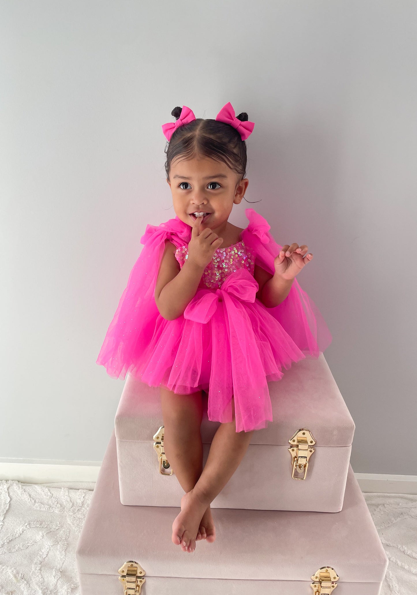Theodora Fuchsia Pink Sequin Baby Girl Tulle Party Romper
