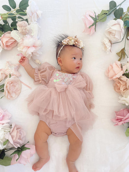Jewel Sequin Dusty Pink Sparkle Baby Girl Tulle Party Romper