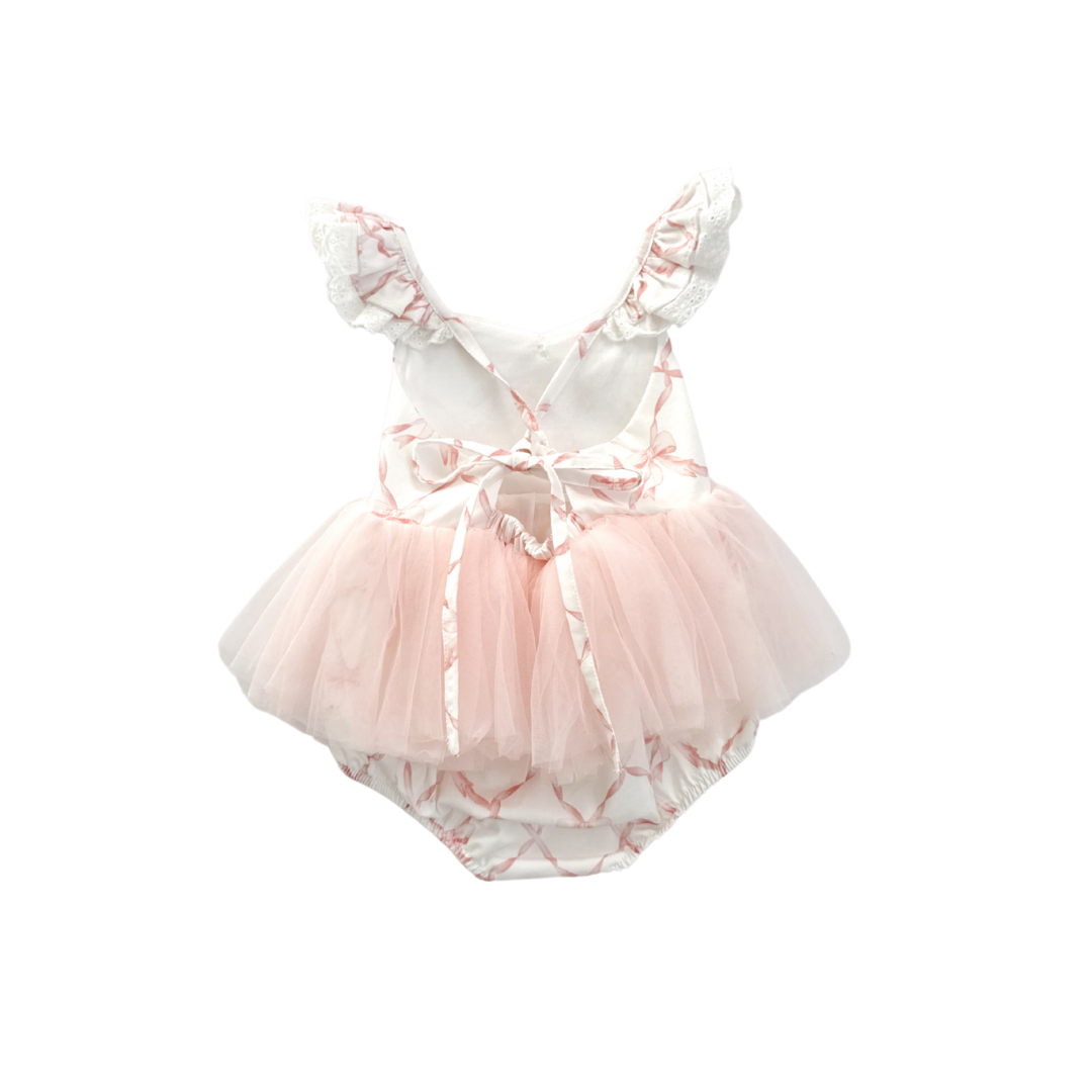 Rosette Pink Bow Baby Girl Tulle Party Romper