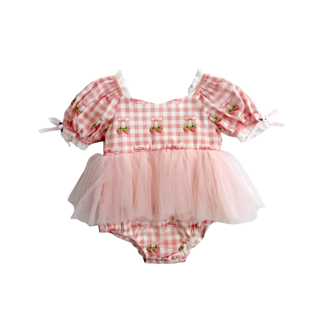 Berry Bliss Pink Gingham Baby Girl Tulle Party Romper