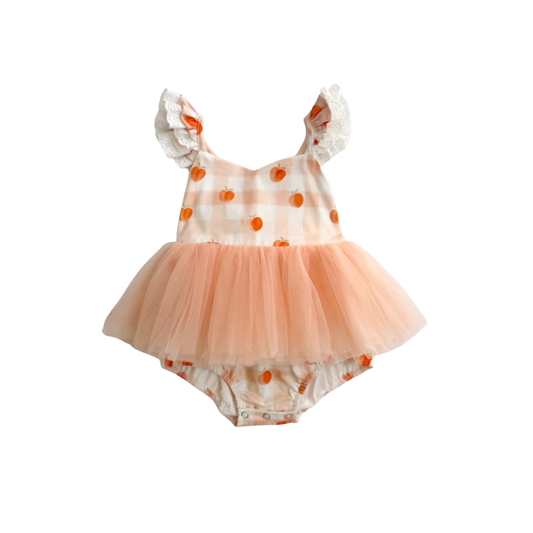 Peach Sorbet Gingham Baby Girl Tulle Party Romper
