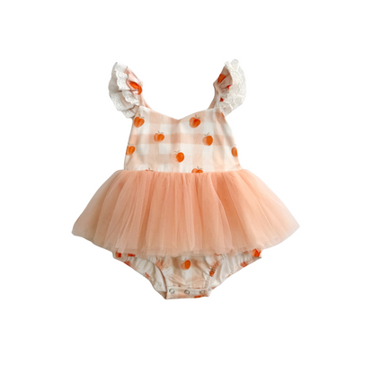 Peach Sorbet Gingham Baby Girl Tulle Party Romper