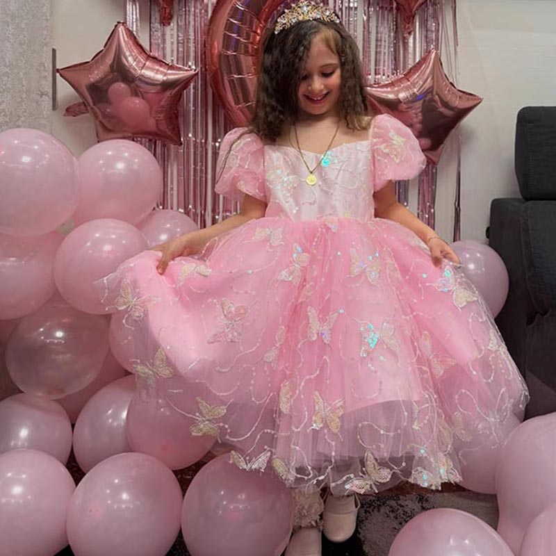 Girl Formal Princess Dress Baby Girl Pink Butterfly Sequins Birthday Party Dress