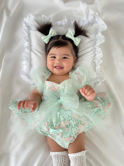 Butterfly Kisses Peppermint Pink Embroidered Baby Girl Tulle Party Romper