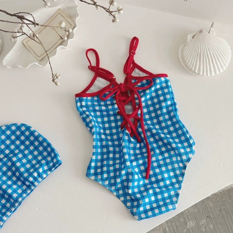 Girls' Plaid Tie-up Onesie Swimsuit