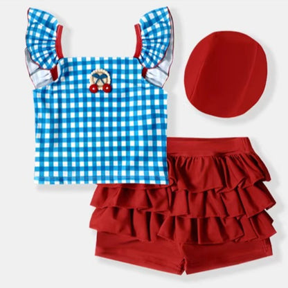 Girls' Summer Plaid Swimsuit Swim Trunks and Swim Cap Three-Piece Set