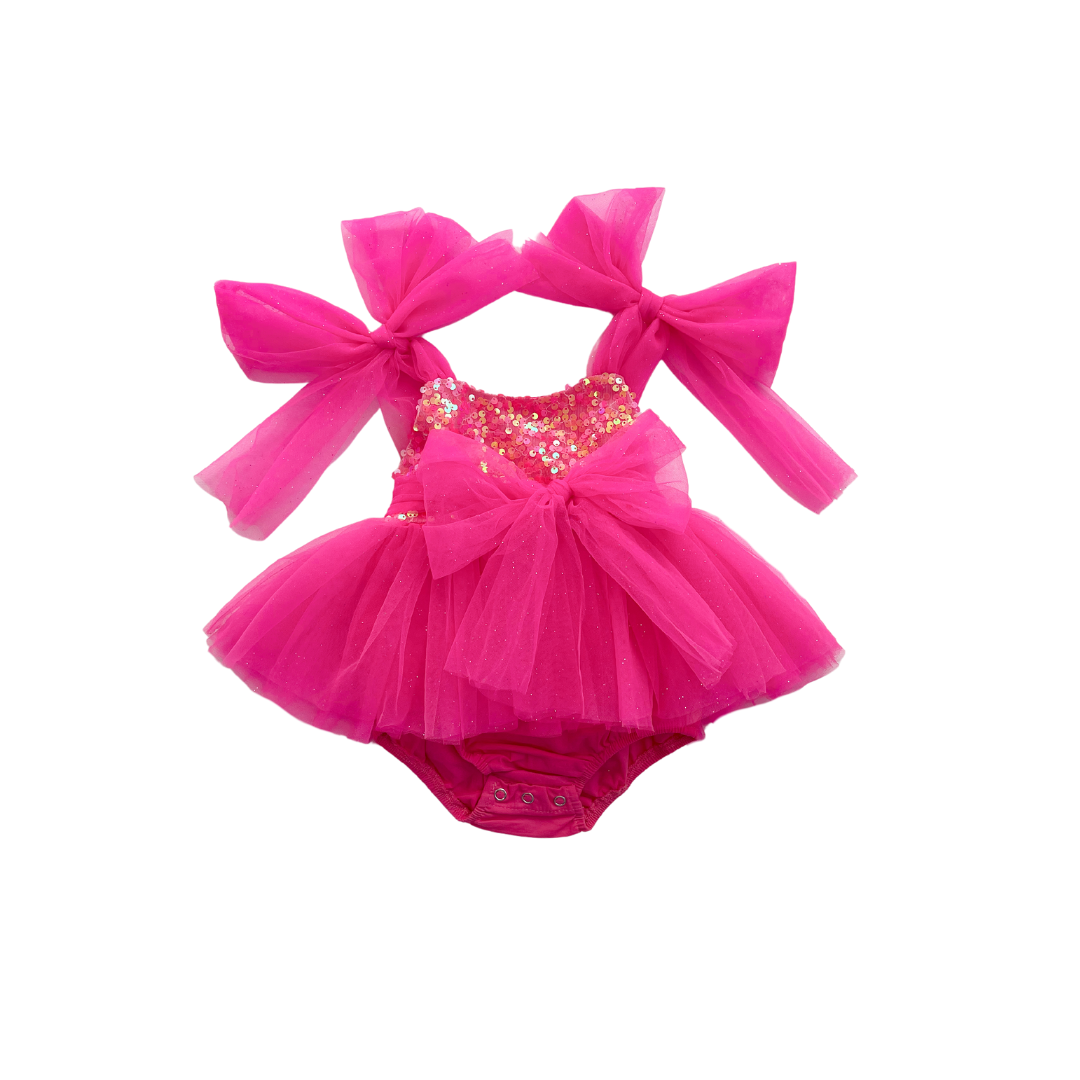 Theodora Fuchsia Pink Sequin Baby Girl Tulle Party Romper