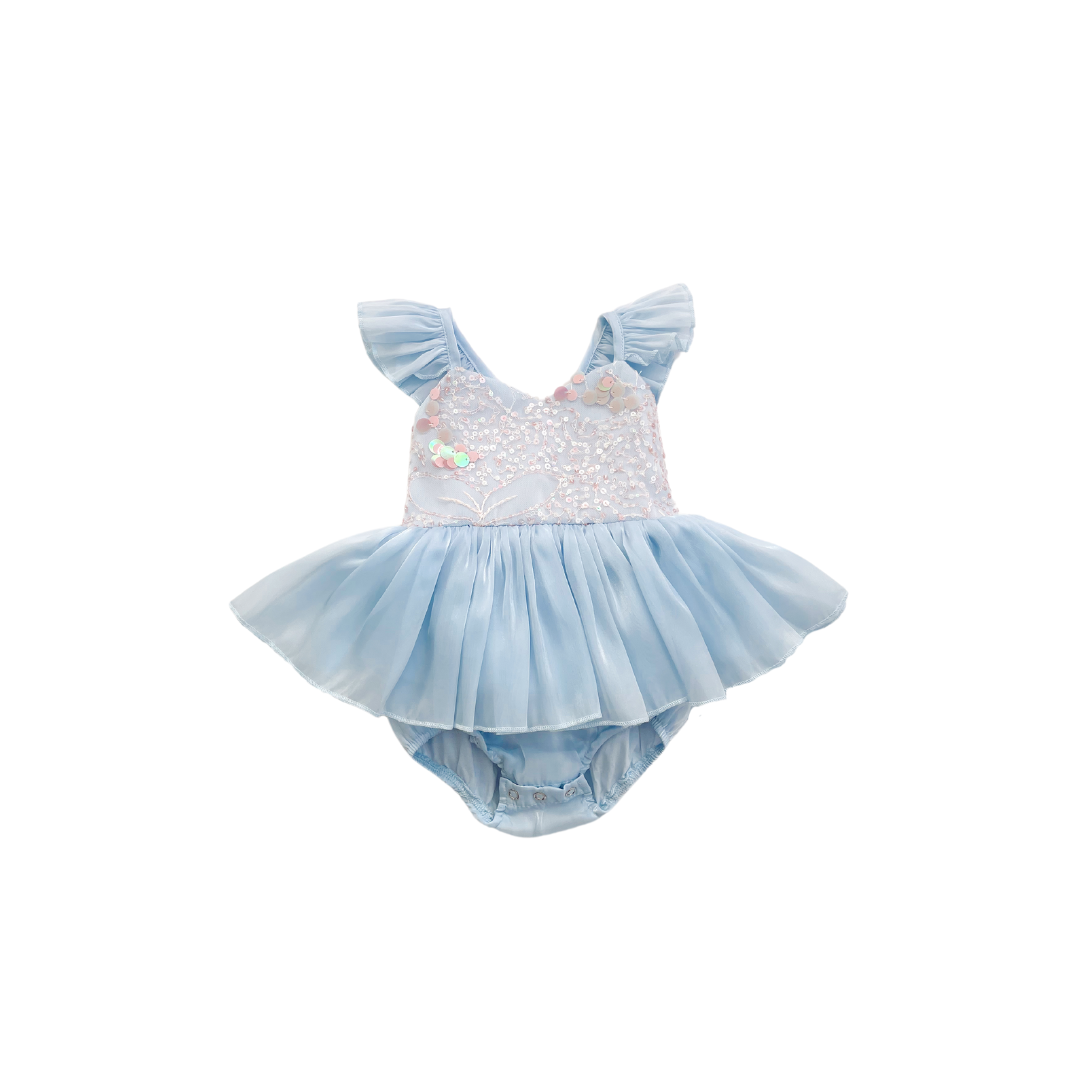 Ariel Ocean Blue Organza Sequin Baby Girl Party Romper