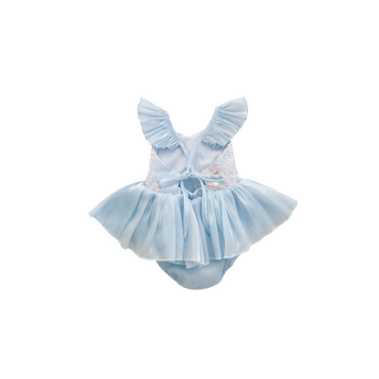 Ariel Ocean Blue Organza Sequin Baby Girl Party Romper