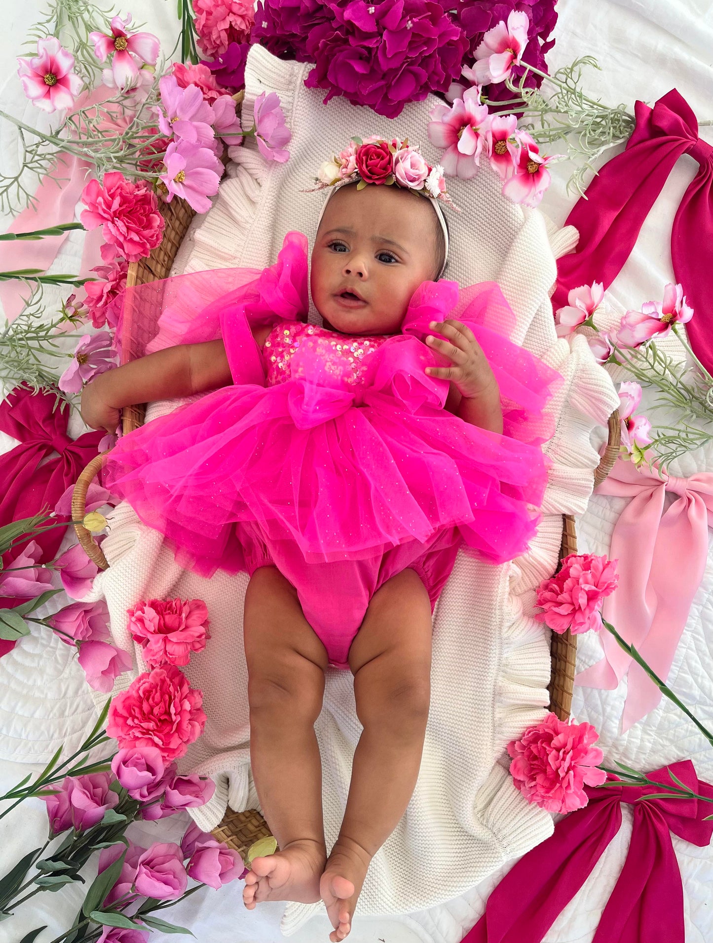 Theodora Fuchsia Pink Sequin Baby Girl Tulle Party Romper