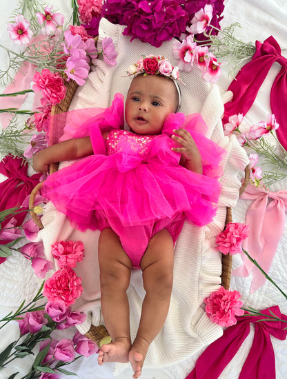 Theodora Fuchsia Pink Sequin Baby Girl Tulle Party Romper