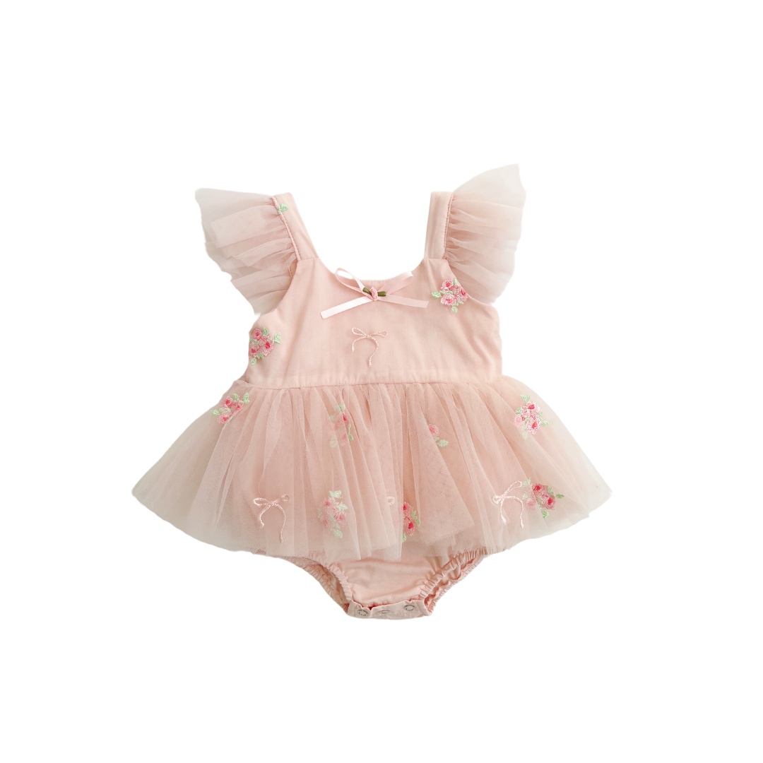 Belle Bow Perfect Pink Embroidered Baby Girl Tulle Party Romper
