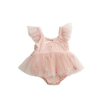 Belle Bow Perfect Pink Embroidered Baby Girl Tulle Party Romper