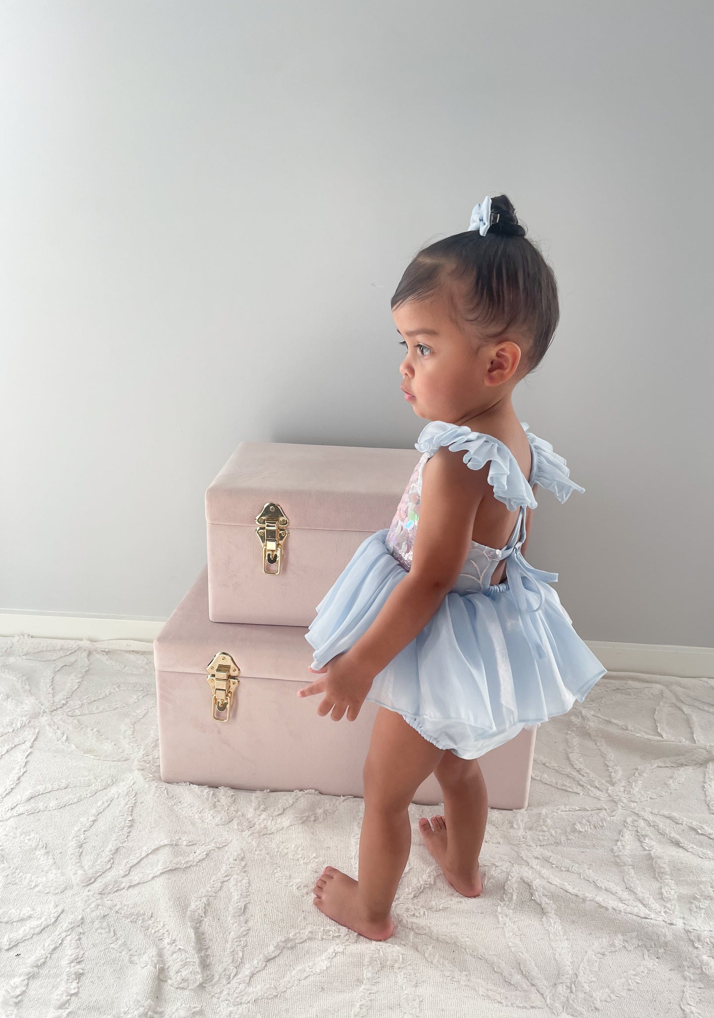 Ariel Ocean Blue Organza Sequin Baby Girl Party Romper