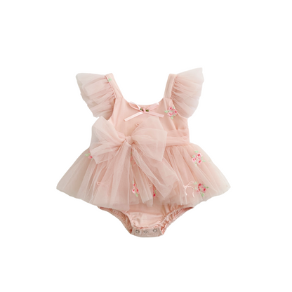 Belle Bow Perfect Pink Embroidered Baby Girl Tulle Party Romper