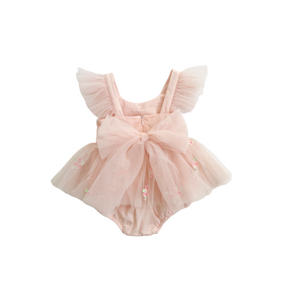 Belle Bow Perfect Pink Embroidered Baby Girl Tulle Party Romper