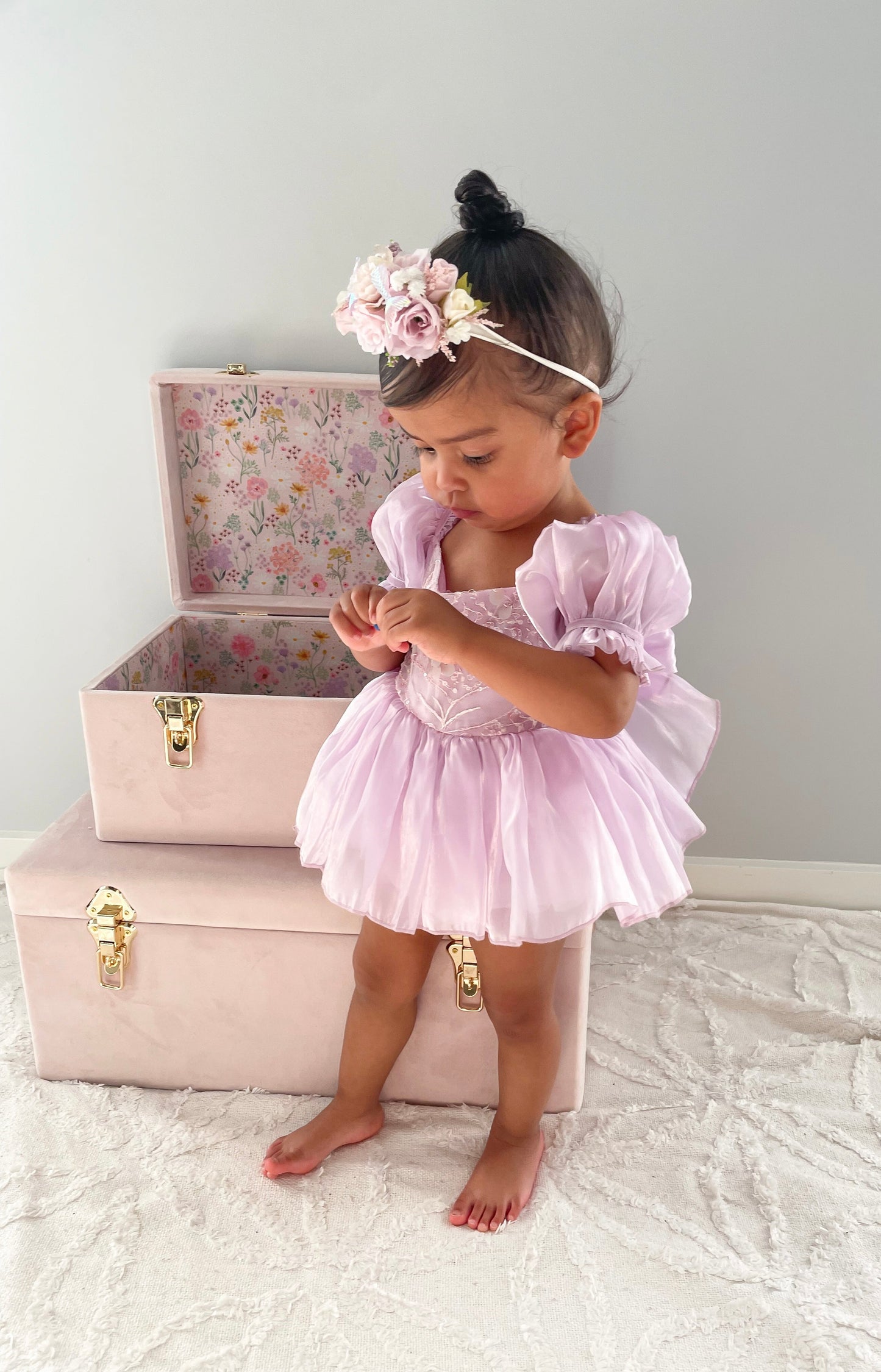 Ariel Purple Pearl Organza Sequin Baby Girl Party Romper