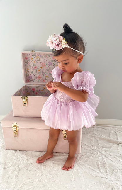 Ariel Purple Pearl Organza Sequin Baby Girl Party Romper