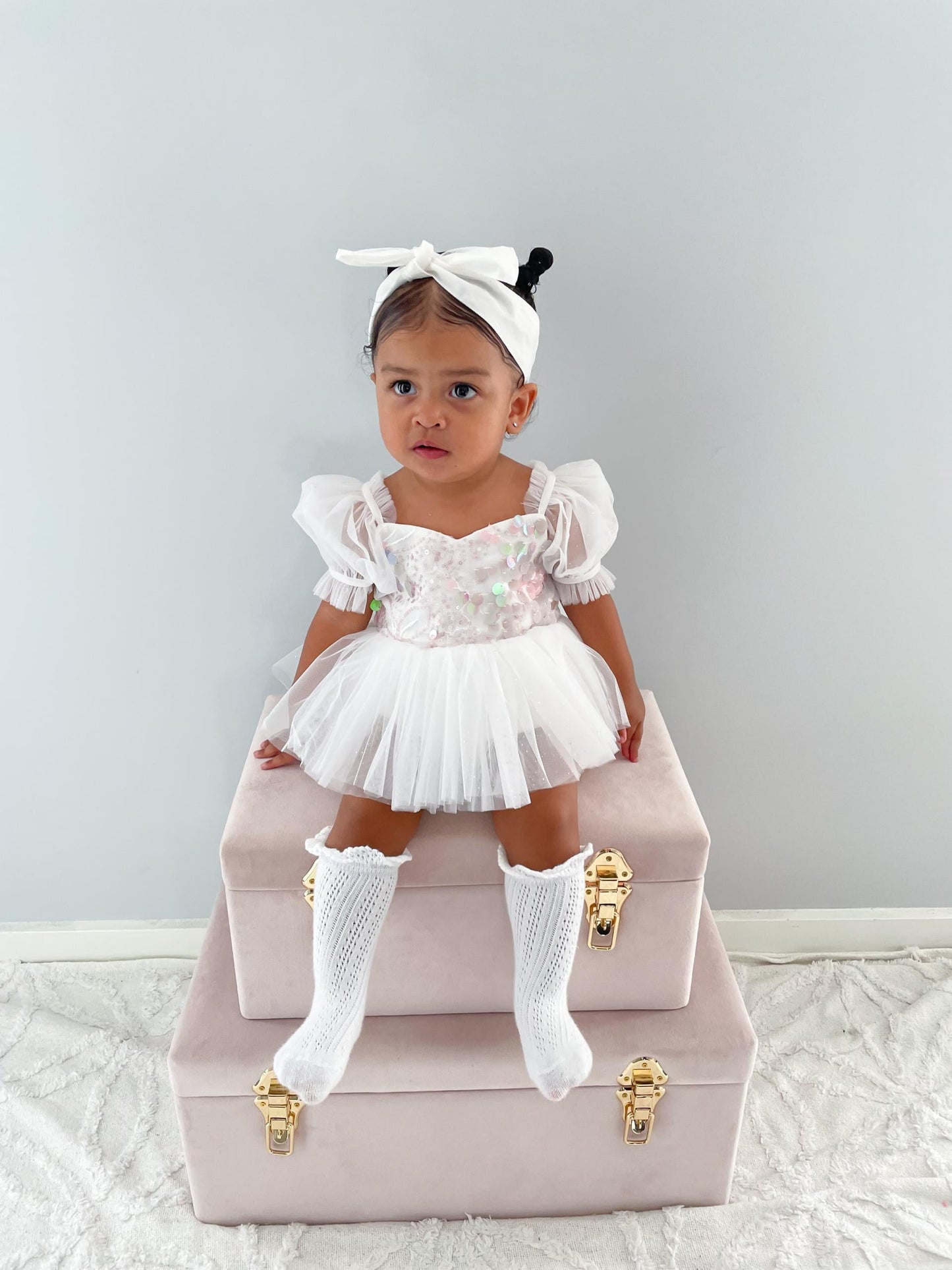 Jewel Sequin White Sparkle Baby Girl Tulle Party Romper