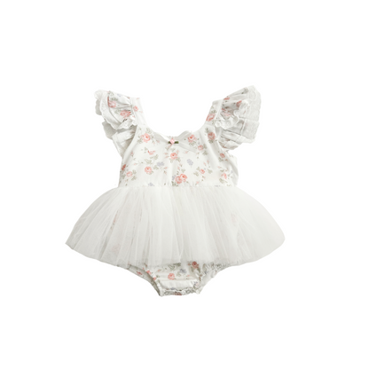 Cottage Fairy Baby Girl Floral White Tulle Party Romper