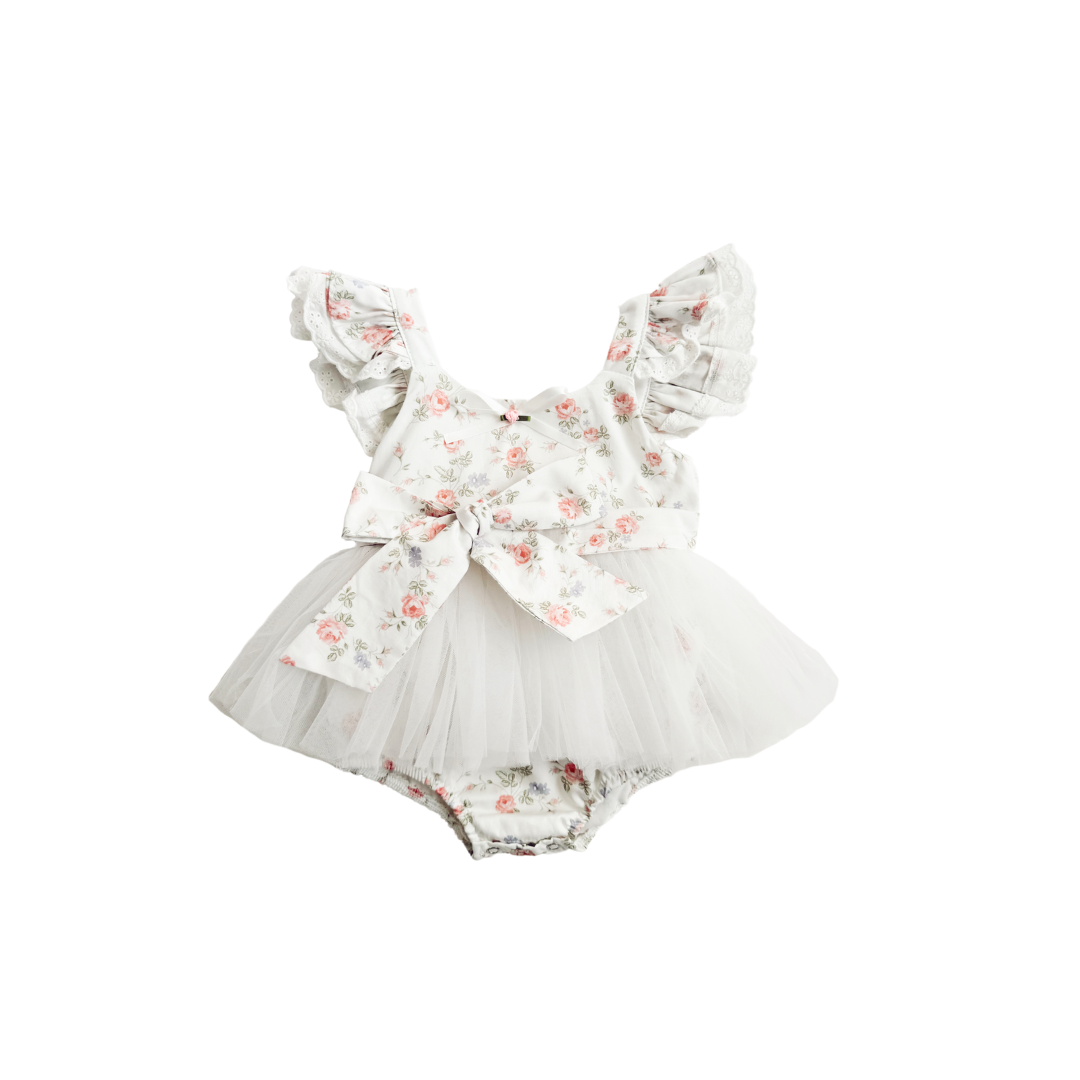Cottage Fairy Baby Girl Floral White Tulle Party Romper