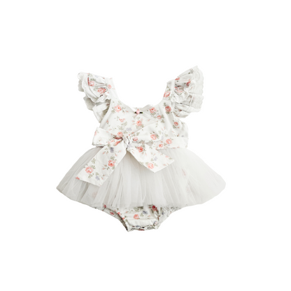 Cottage Fairy Baby Girl Floral White Tulle Party Romper